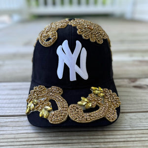 Custom Beaded Gold Crystal Applique New York Hat - Rebel P Customs