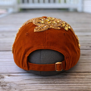 Custom Beaded Gold Crystal Applique Orange New York Hat - Rebel P Customs