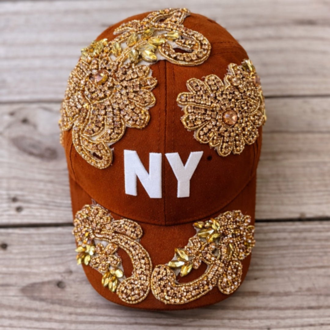 Custom Beaded Gold Crystal Applique Orange New York Hat - Rebel P Customs