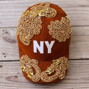 Custom Beaded Gold Crystal Applique Orange New York Hat - Rebel P Customs