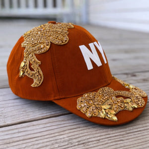 Custom Beaded Gold Crystal Applique Orange New York Hat - Rebel P Customs