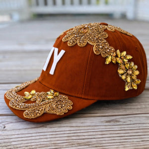 Custom Beaded Gold Crystal Applique Orange New York Hat - Rebel P Customs
