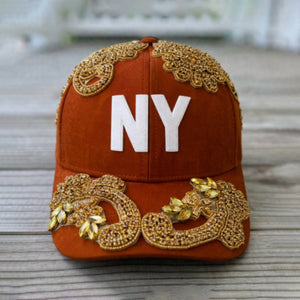 Custom Beaded Gold Crystal Applique Orange New York Hat - Rebel P Customs