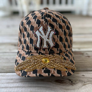 Custom Beaded Gold Crystal Glow In The Dark Applique New York Hat - Rebel P Customs