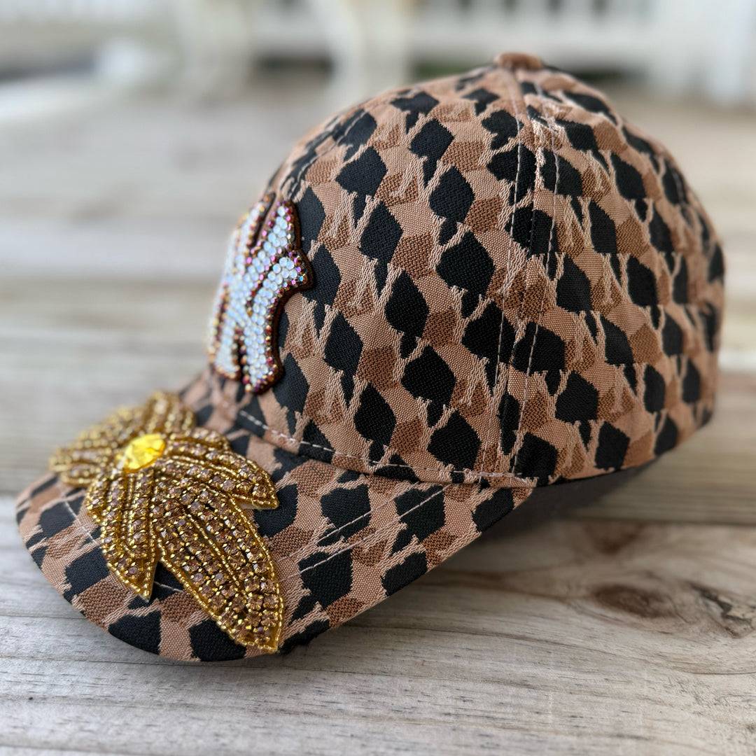 Custom Beaded Gold Crystal Glow In The Dark Applique New York Hat - Rebel P Customs