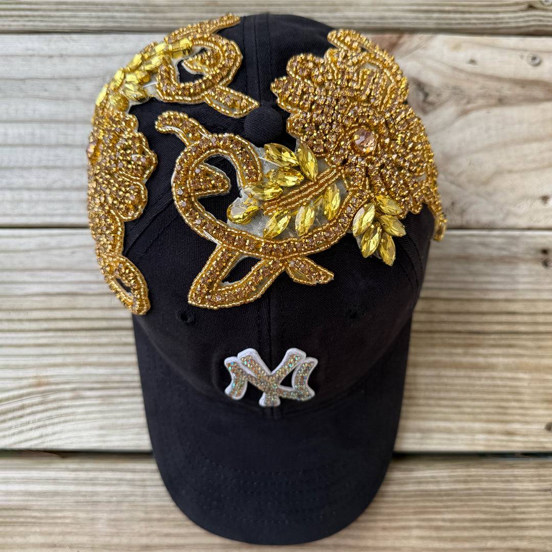 Custom Beaded Gold Crystal Large Applique New York Hat - Rebel P Customs