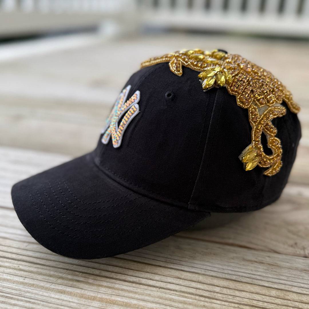 Custom Beaded Gold Crystal Large Applique New York Hat - Rebel P Customs