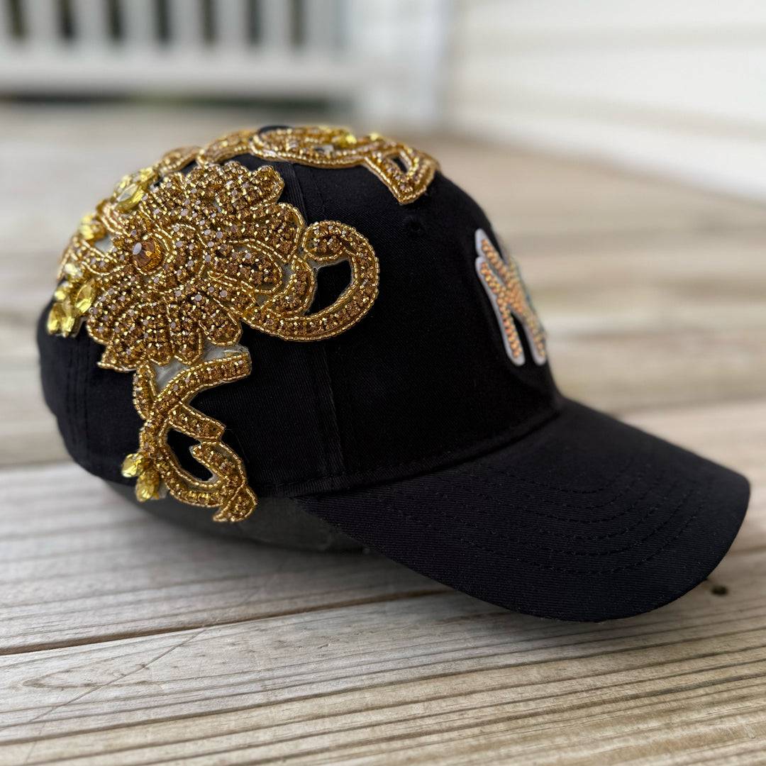 Custom Beaded Gold Crystal Large Applique New York Hat - Rebel P Customs