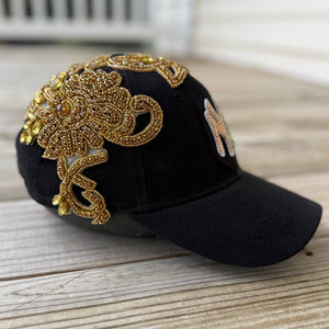 Custom Beaded Gold Crystal Large Applique New York Hat - Rebel P Customs