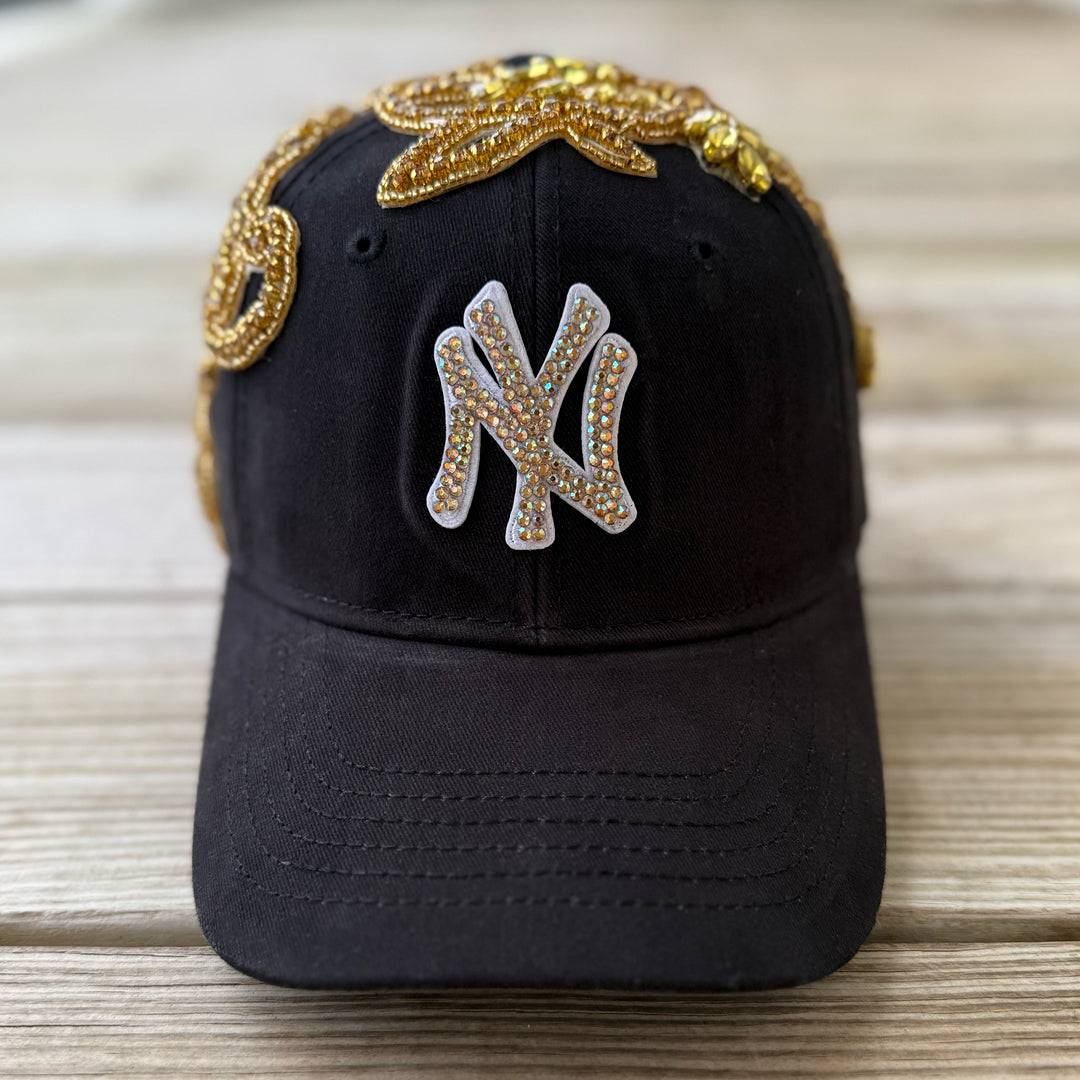 Custom Beaded Gold Crystal Large Applique New York Hat - Rebel P Customs
