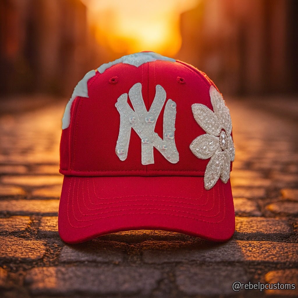 Custom Beaded Large White Crystal Pearl Applique New York Hat - Rebel P Customs