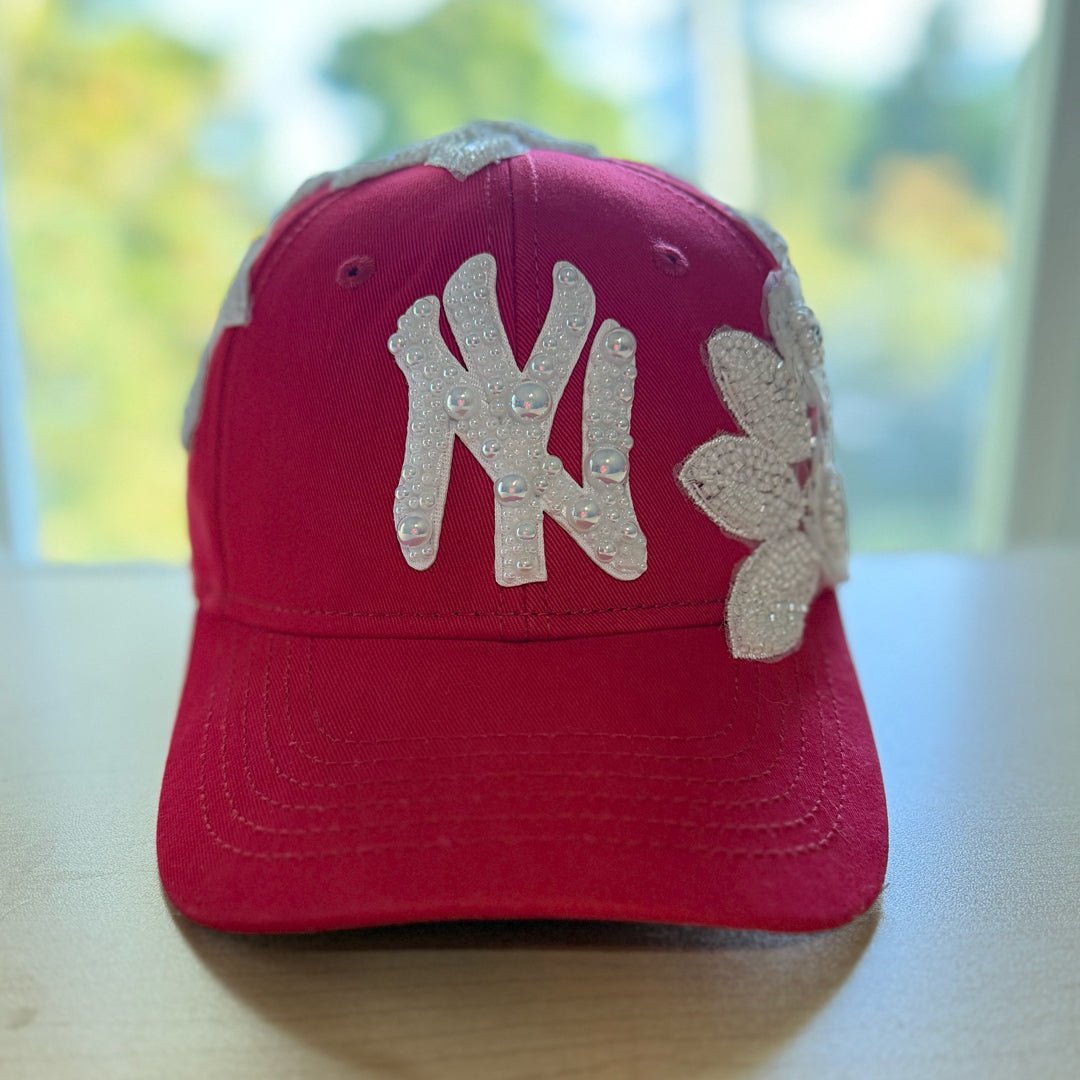 Custom Beaded Large White Crystal Pearl Applique New York Hat - Rebel P Customs