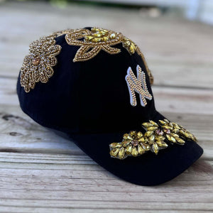 Custom Beaded Luminous Gold Crystal Applique New York Hat - Rebel P Customs