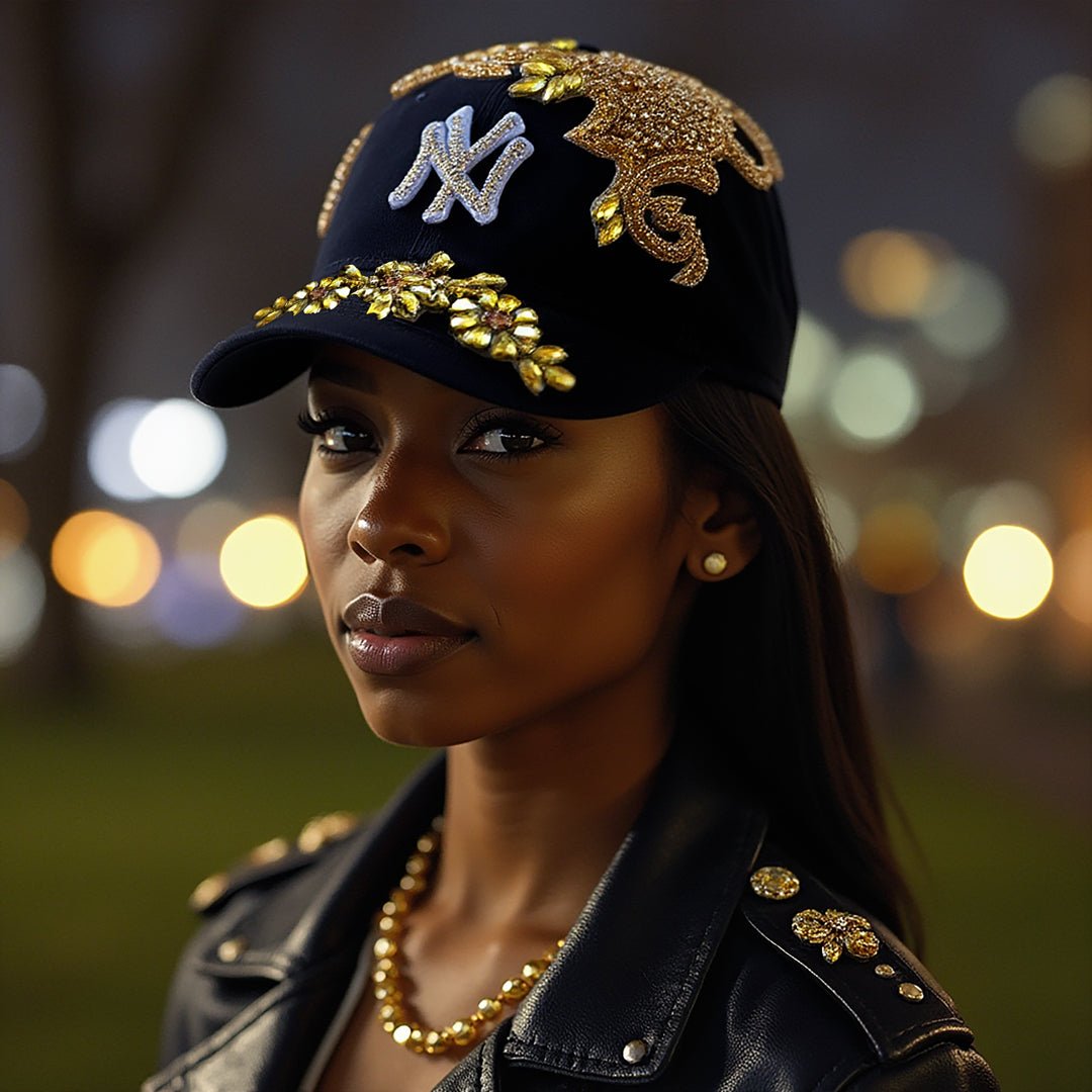 Custom Beaded Luminous Gold Crystal Applique New York Hat - Rebel P Customs