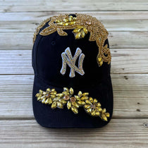 Custom Beaded Luminous Gold Crystal Applique New York Hat - Rebel P Customs