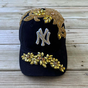 Custom Beaded Luminous Gold Crystal Applique New York Hat - Rebel P Customs
