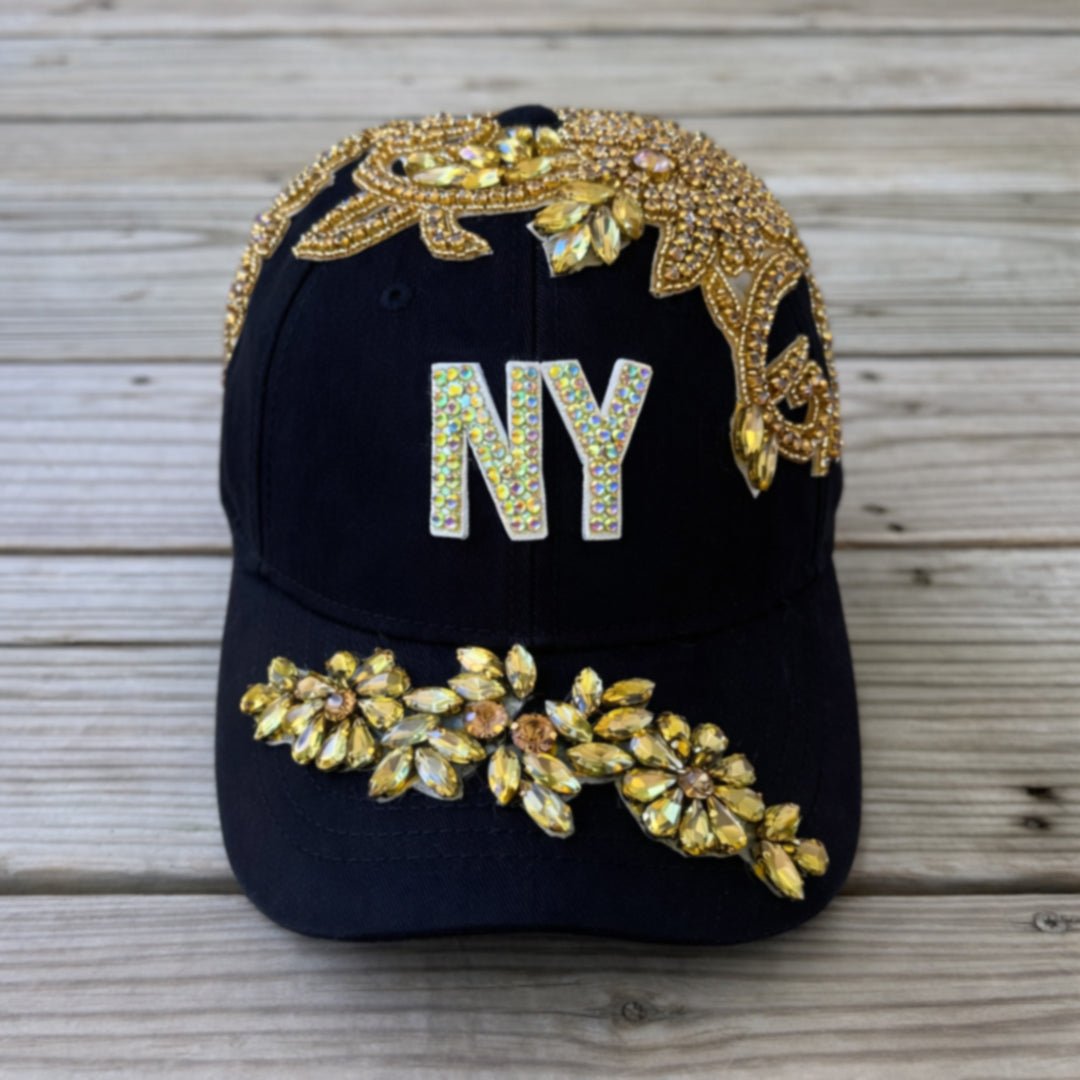 Custom Beaded Luminous Gold Crystal Applique New York Hat - Rebel P Customs