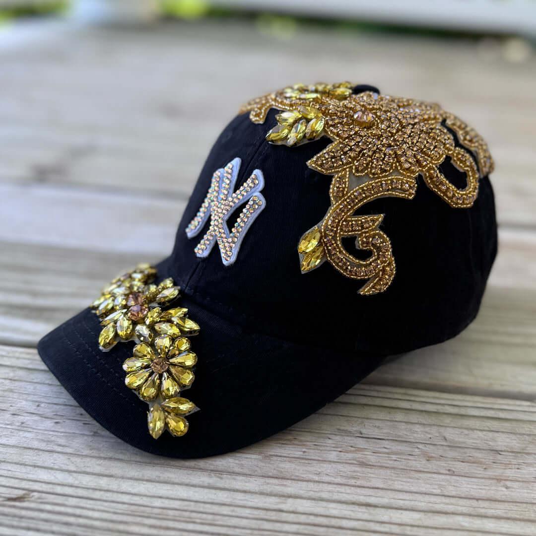 Custom Beaded Luminous Gold Crystal Applique New York Hat - Rebel P Customs
