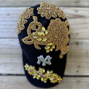 Custom Beaded Luminous Gold Crystal Applique New York Hat - Rebel P Customs