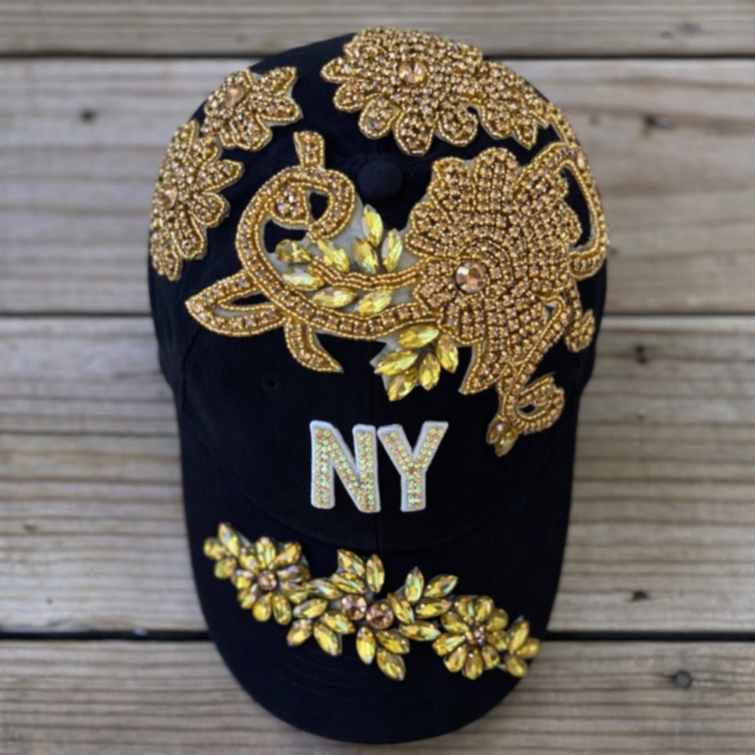 Custom Beaded Luminous Gold Crystal Applique New York Hat - Rebel P Customs