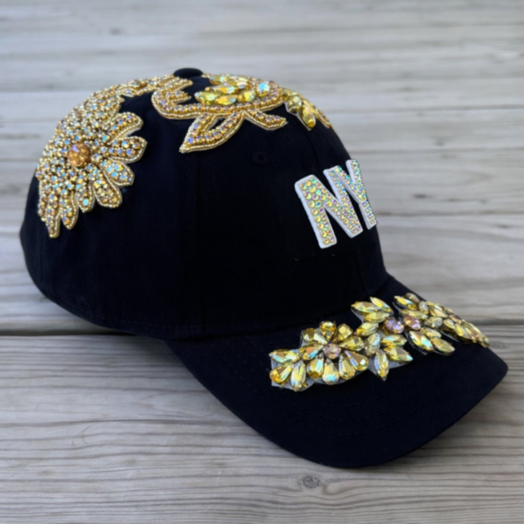 Custom Beaded Luminous Gold Crystal Applique New York Hat - Rebel P Customs