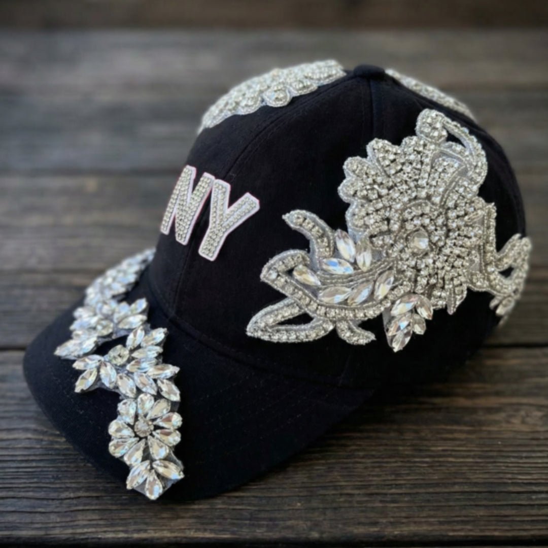 Custom Beaded Luminous Silver Crystal Applique New York Hat - Rebel P Customs