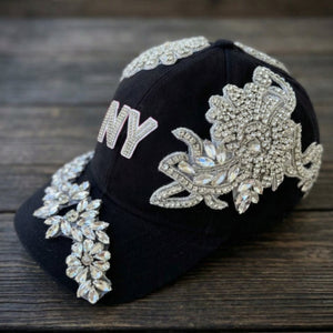 Custom Beaded Luminous Silver Crystal Applique New York Hat - Rebel P Customs
