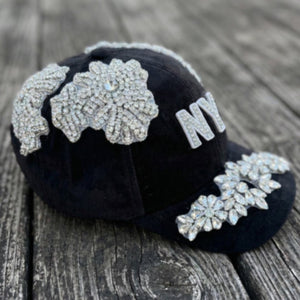 Custom Beaded Luminous Silver Crystal Applique New York Hat - Rebel P Customs