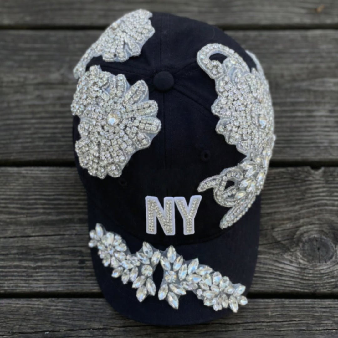 Custom Beaded Luminous Silver Crystal Applique New York Hat - Rebel P Customs