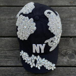 Custom Beaded Luminous Silver Crystal Applique New York Hat - Rebel P Customs