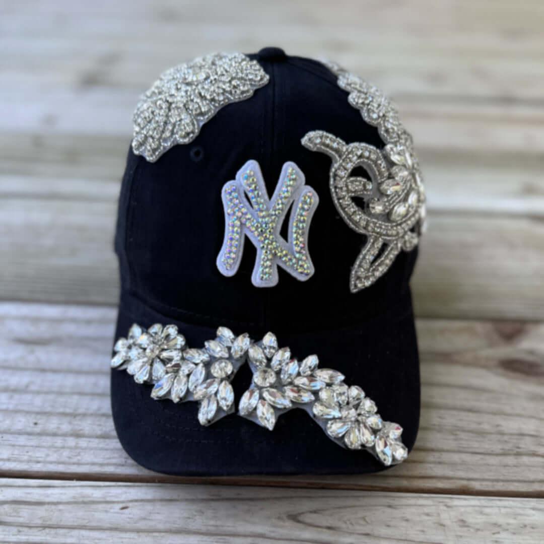 Custom Beaded Luminous Silver Crystal Applique New York Hat - Rebel P Customs