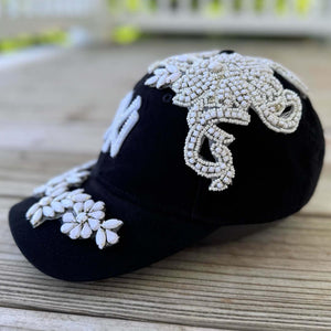 Custom Beaded Luminous White Crystal Applique New York Hat - Rebel P Customs