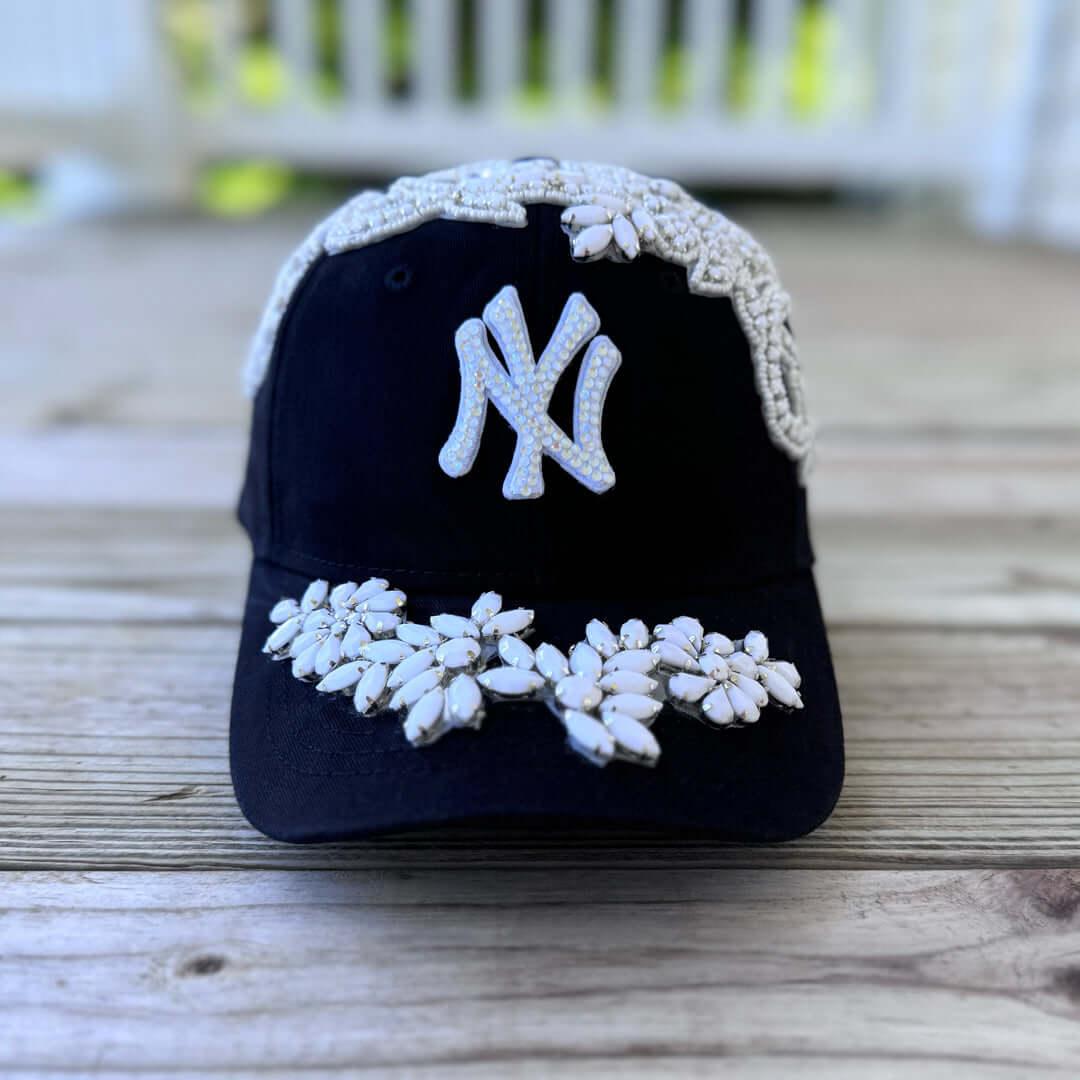 Custom Beaded Luminous White Crystal Applique New York Hat - Rebel P Customs