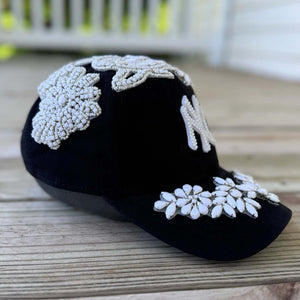 Custom Beaded Luminous White Crystal Applique New York Hat - Rebel P Customs
