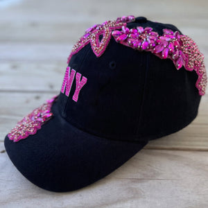 Custom Beaded Pink Crystal Applique New York Hat - Rebel P Customs