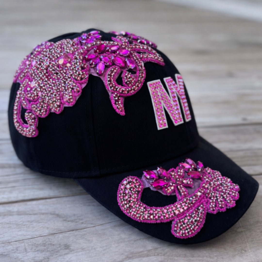 Custom Beaded Pink Crystal Applique New York Hat - Rebel P Customs