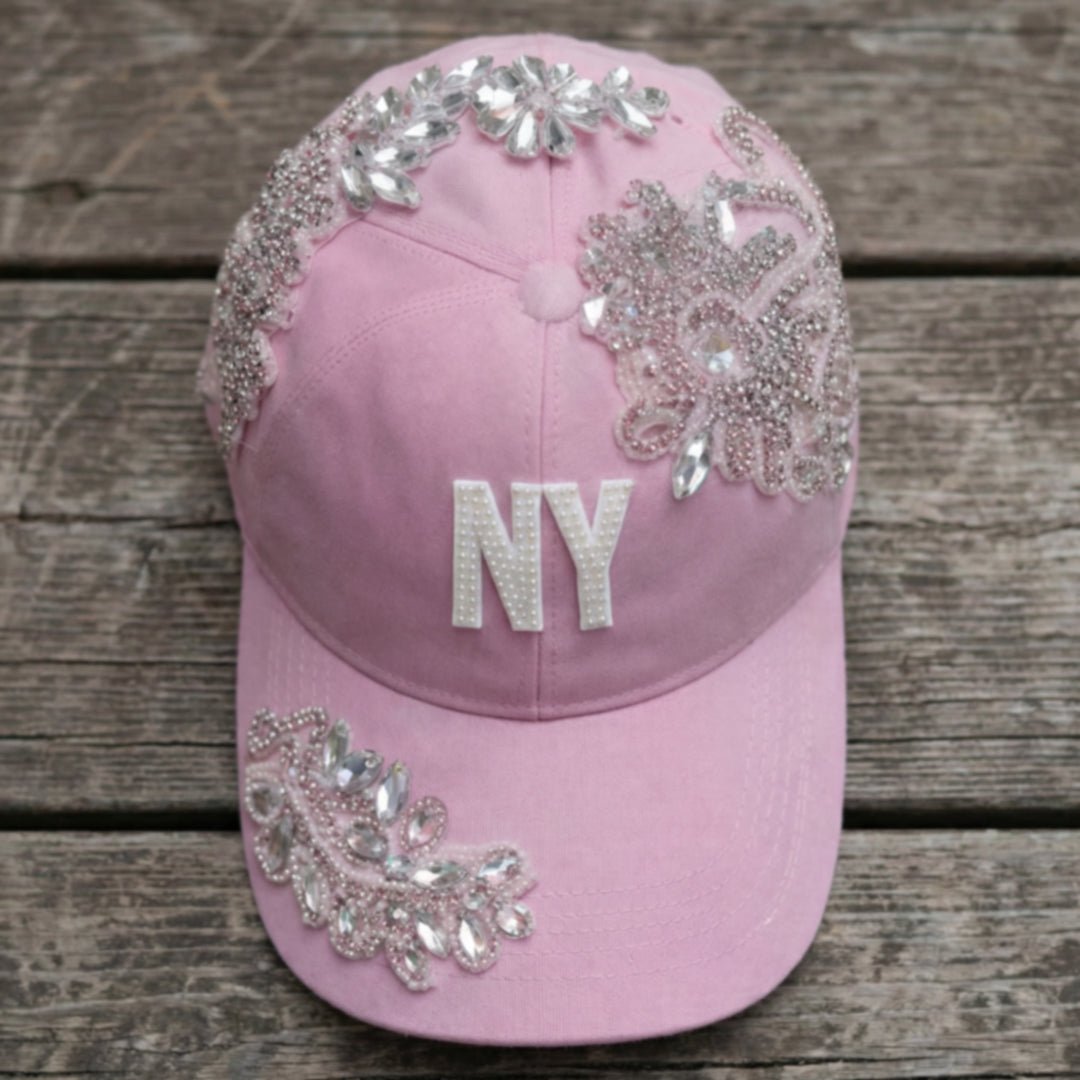 Custom Beaded Pink Crystal Applique New York Hat - Rebel P Customs