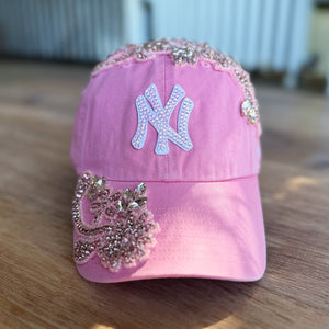 Custom Beaded Pink Crystal Applique New York Hat - Rebel P Customs