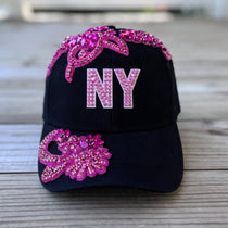 Custom Beaded Pink Crystal Applique New York Hat - Rebel P Customs