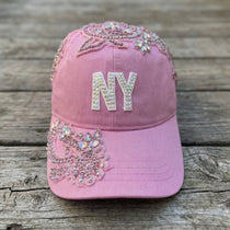 Custom Beaded Pink Crystal Applique New York Hat - Rebel P Customs