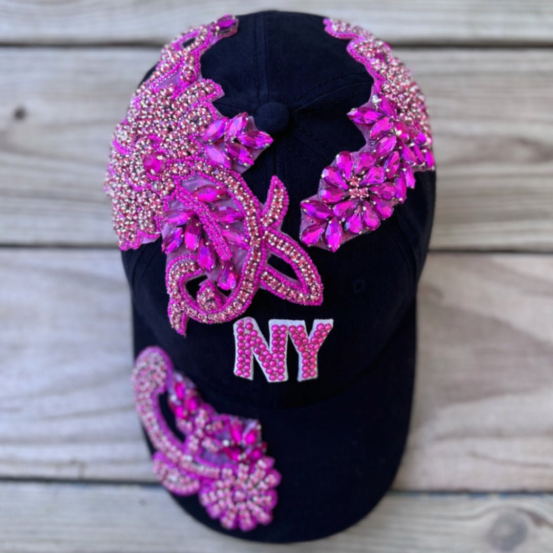 Custom Beaded Pink Crystal Applique New York Hat - Rebel P Customs