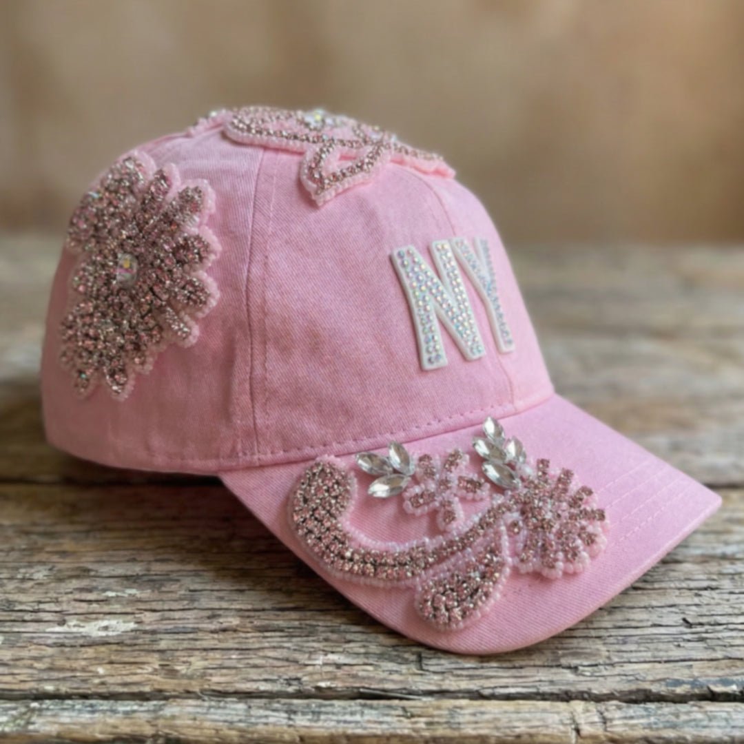 Custom Beaded Pink Crystal Applique New York Hat - Rebel P Customs