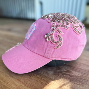 Custom Beaded Pink Crystal Applique New York Hat - Rebel P Customs