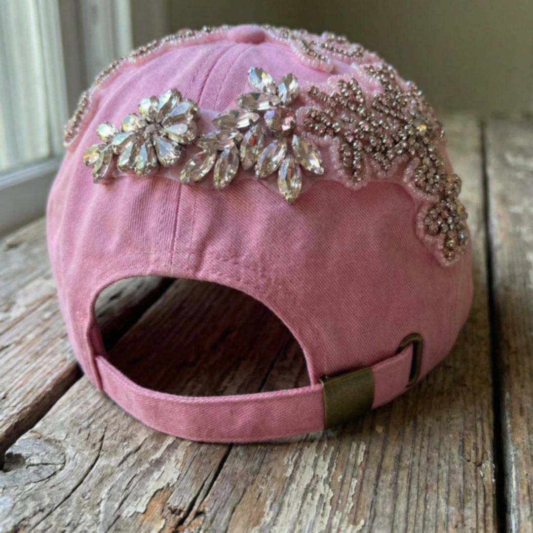 Custom Beaded Pink Crystal Applique New York Hat - Rebel P Customs