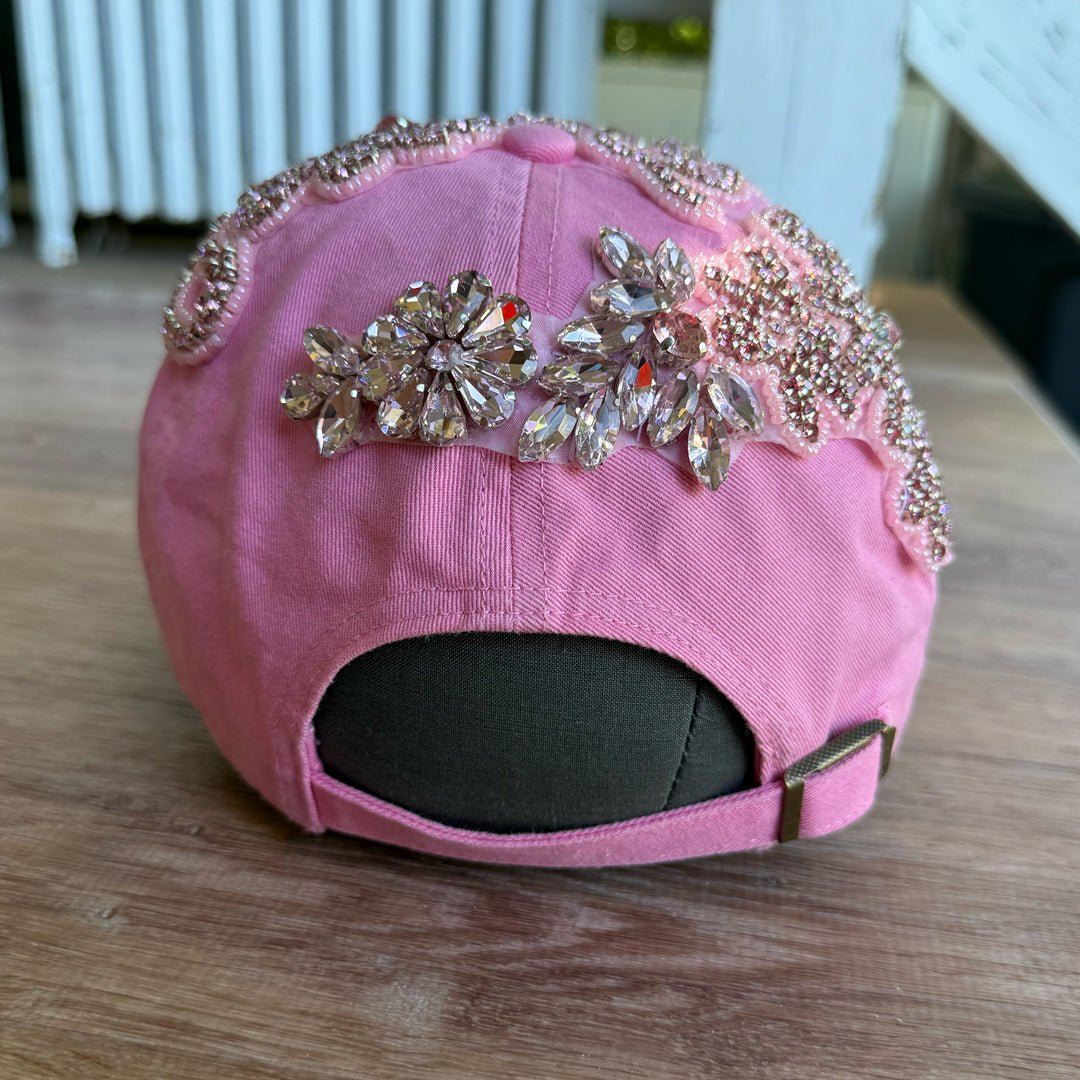 Custom Beaded Pink Crystal Applique New York Hat - Rebel P Customs
