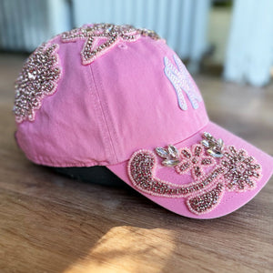 Custom Beaded Pink Crystal Applique New York Hat - Rebel P Customs