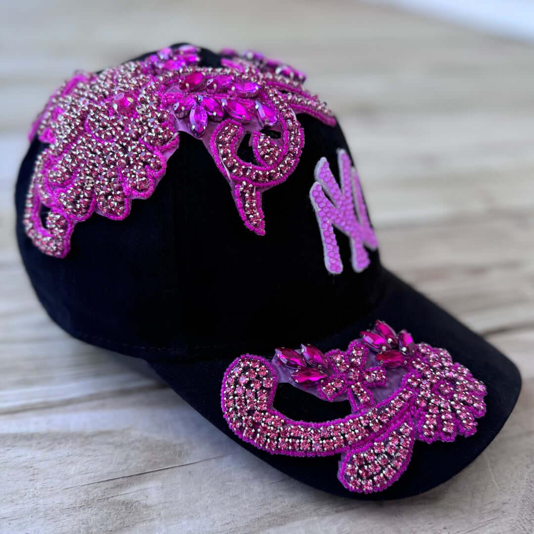 Custom Beaded Pink Crystal Applique New York Hat - Rebel P Customs