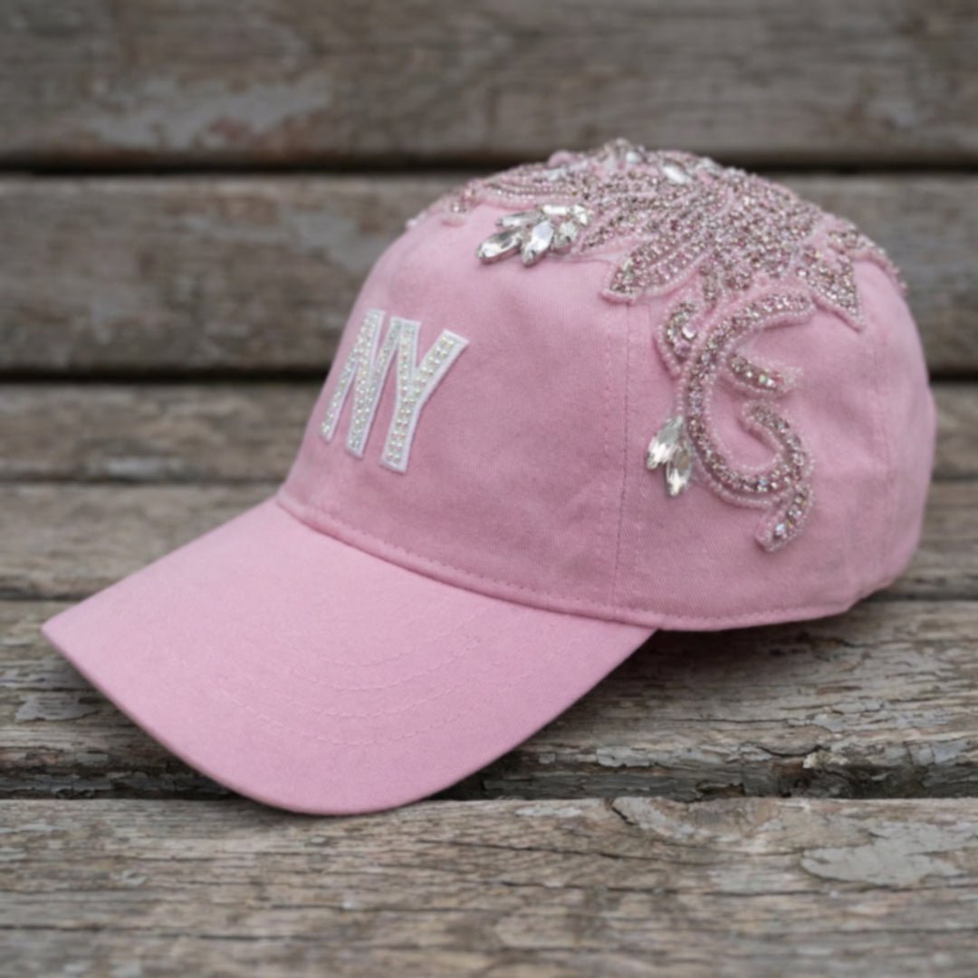 Custom Beaded Pink Crystal Applique New York Hat - Rebel P Customs