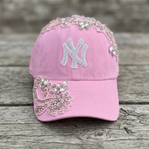 Custom Beaded Pink Crystal Applique New York Hat - Rebel P Customs