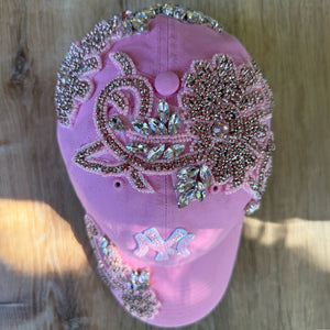 Custom Beaded Pink Crystal Applique New York Hat - Rebel P Customs